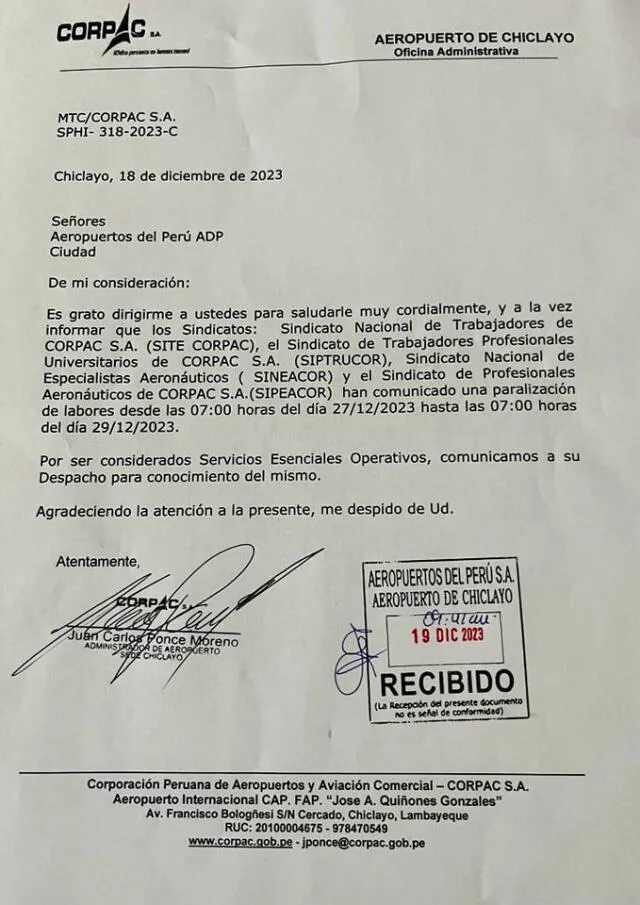  Comunicado de los trabajadores de Córpac. Foto: difusión   