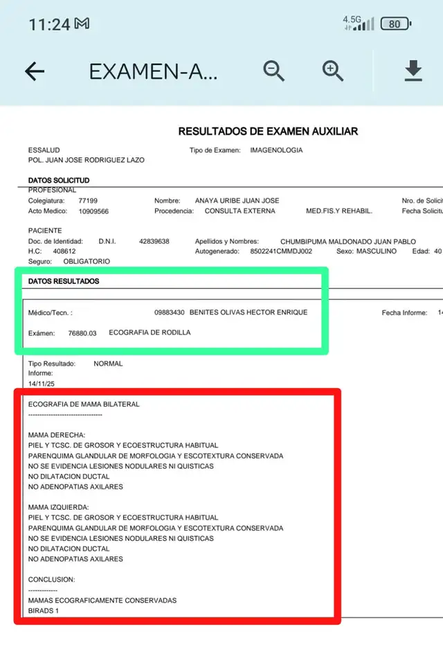 Examen médico de Juan Pablo Chumbipuma Maldonado. Fuente: X Examen médico de Juan Pablo Chumbipuma Maldonado. Fuente: X