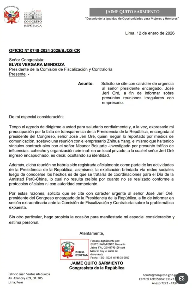 Jaime Quito solicita citar a José Jerí.   