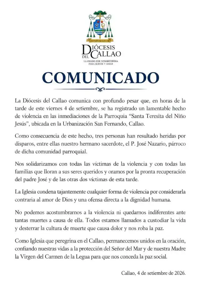 Diócesis del Callao se pronuncia tras atentado contra sacerdote
