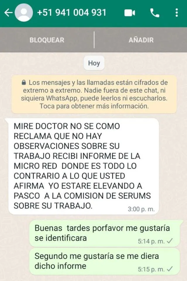 Jefe de Recursos Humanos de la Red de Salud de Oxapampa manda mensajes extraños a serumista