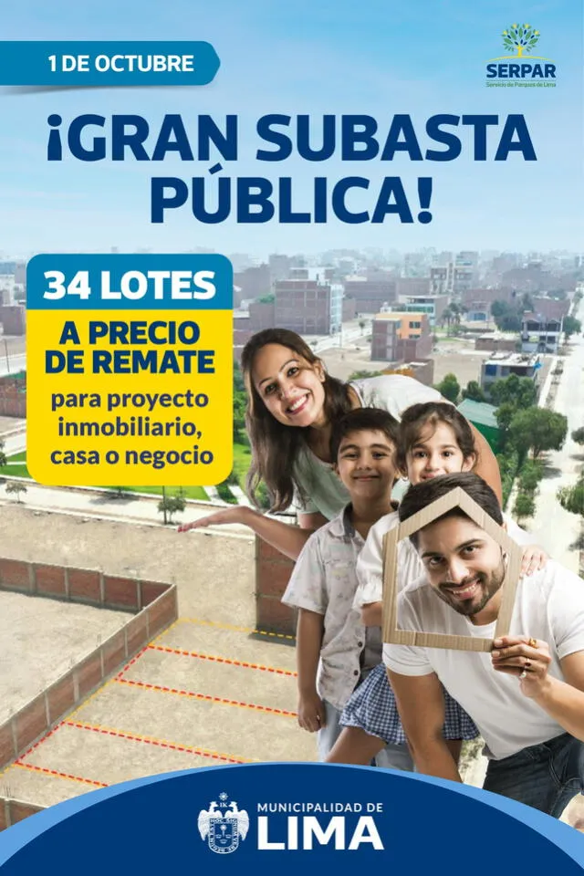  Así promociona Serpar la subasta pública de 34 lotes en 9 distritos de Lima que se realizará este 1 de octubre. Foto: Facebook/Serpar   