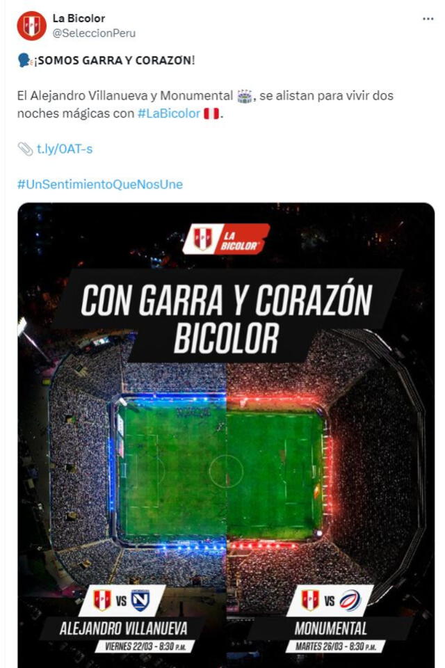 Información sobre los estadios donde se jugarán los amistosos de la selección peruana en marzo. Foto: captura de La Bicolor/X  