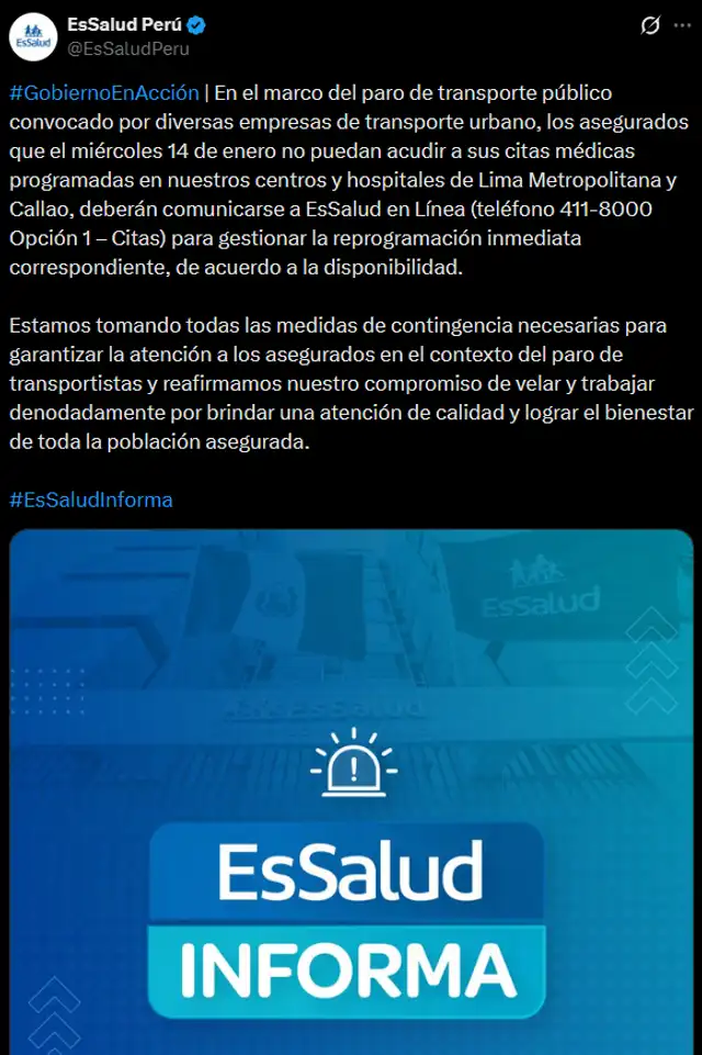EsSalud atenderá con normalidad este 14 de enero, pero los pacientes pueden reprogramar sus citas. Foto: X/ EsSalud