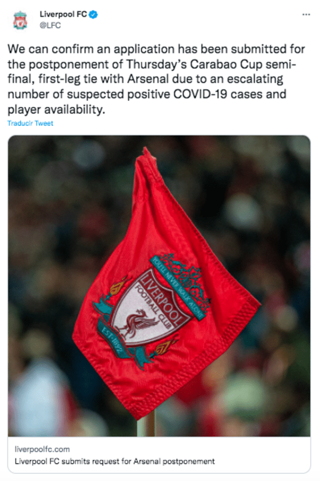 Mensaje del Liverpool en sus redes sociales. Foto: Twitter Liverpool FC