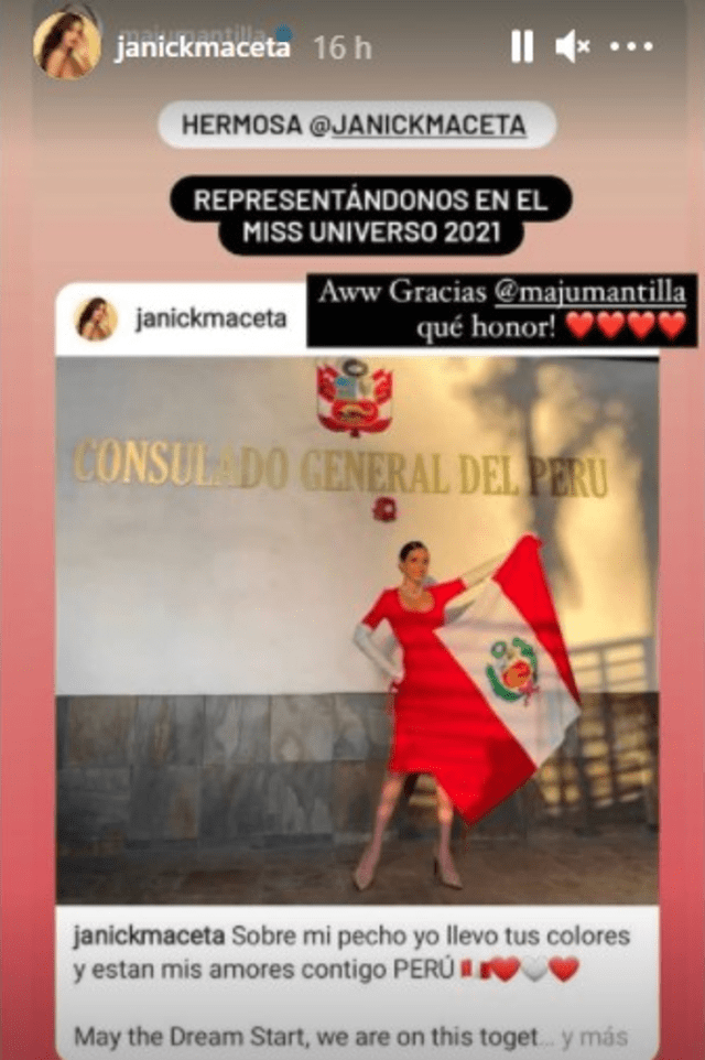 Maju Mantilla saluda la participación de Janick Maceta en el Miss Universo 2021. Foto: Janick Maceta/ Instagram