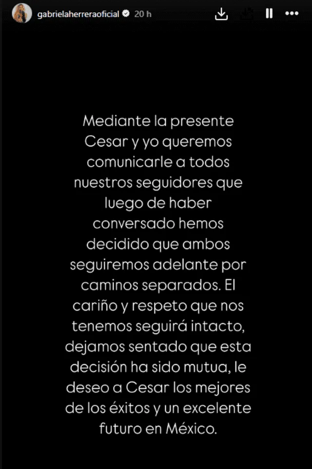  Gabriela Herrera indicó que la ruptura con César BK fue por mutuo acuerdo. Foto: Instagram<br>    