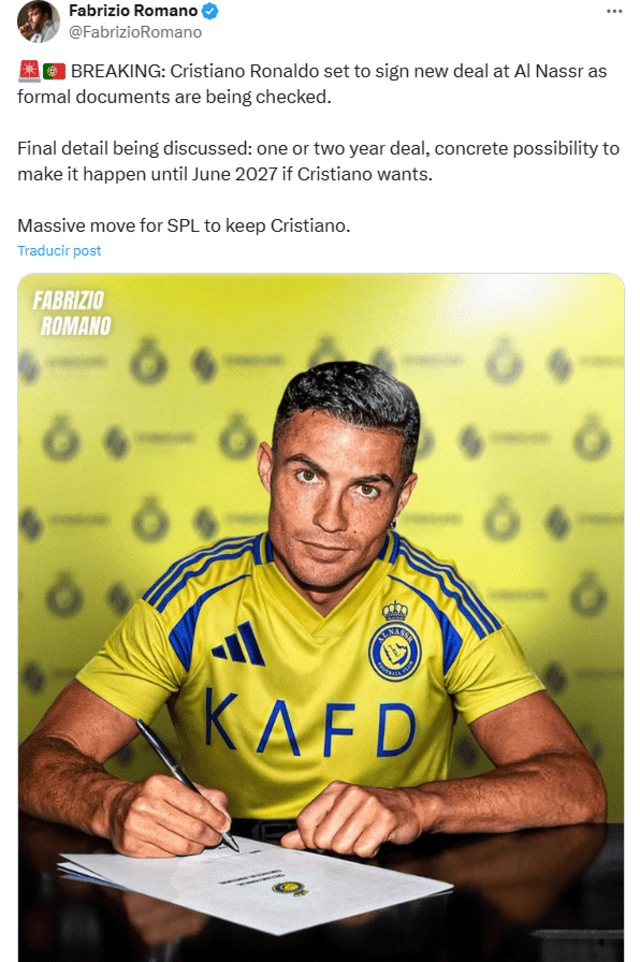 Cristiano Ronaldo firmó hasta 2027. Foto: captura Fabrizio Romano/ X Cristiano Ronaldo firmó hasta 2027. Foto: captura Fabrizio Romano/ X