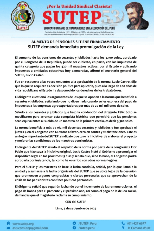 Sutep exige al Gobierno la pronta promulgación de la ley de pensiones para docentes cesantes y jubilados. Foto: Sutep.   