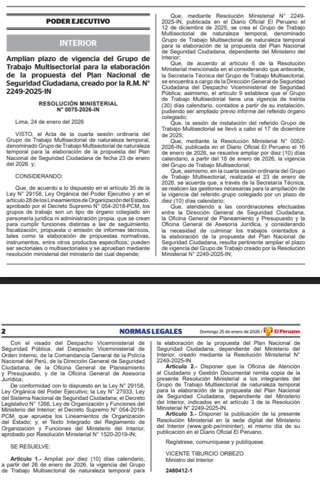  Ampliación de la vigencia del Grupo de Trabajo Multisectorial para la elaboración del Plan Nacional de Seguridad Ciudadana   
