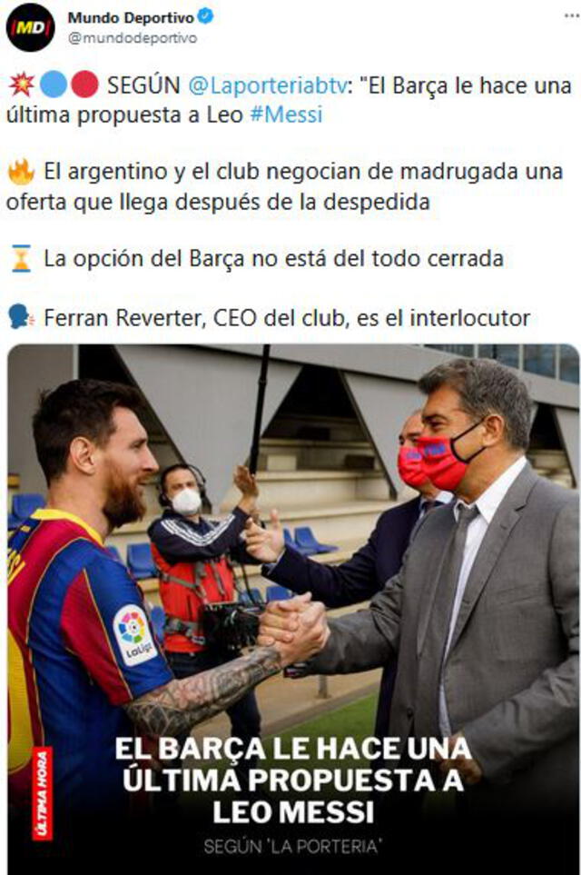 Post de Mundo Deportivo respecto a una última propuesta a Lionel Messi del Barcelona
