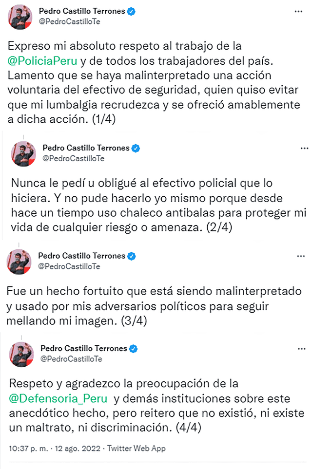 Tuit del presidente Pedro Castillo. Foto: captura de Twitter