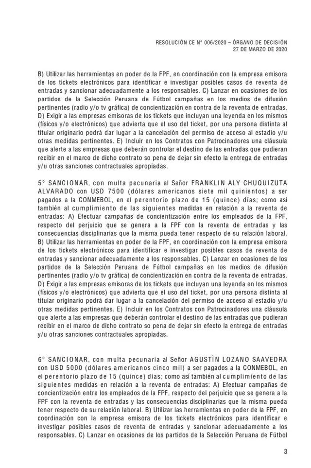 Resolución de la Comisión de Ética de la Conmebol por el caso reventa de entradas en la FPF.