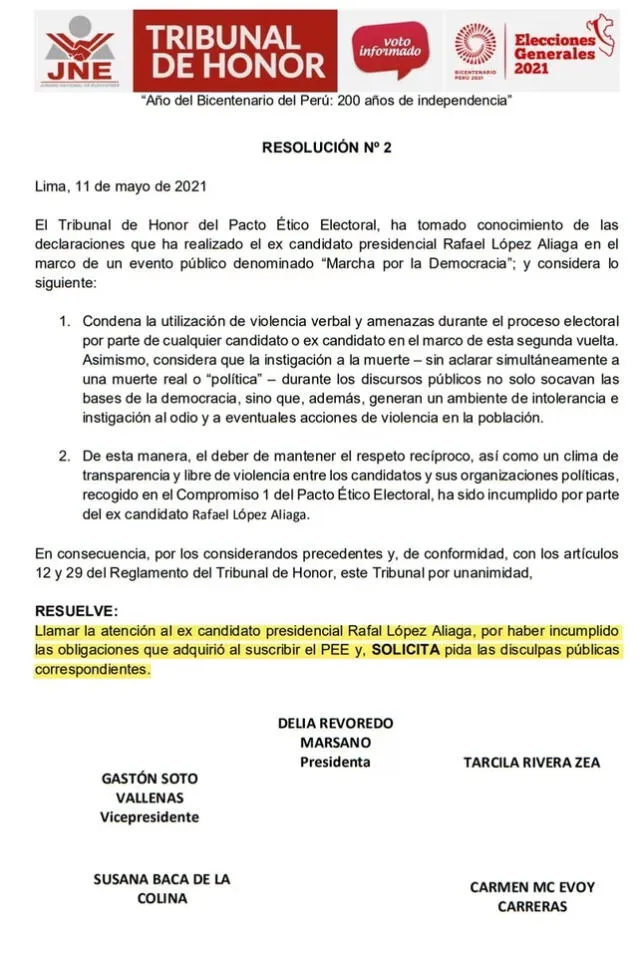  Resolución del Tribunal de Honor consideró que discurso de RLA "socava las bases de la democracia". Foto: Infobae   