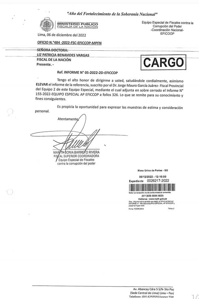  El mismo 6 de diciembre, la fiscal Marita Barreto elevó el pedido de prisión contra los seis congresistas a la fiscal de la Nación, Patricia Benavides. No hubo respuesta. 