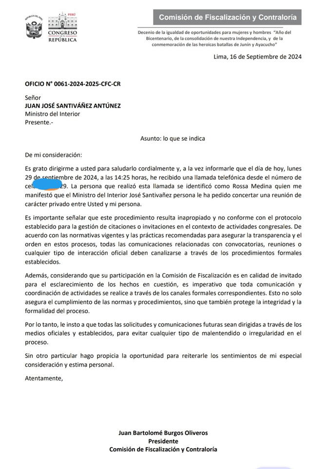 Carta de Juan Burgos en la que pide al ministro del Interior no concertar reuniones privadas entre ambos. Foto: Panorama   