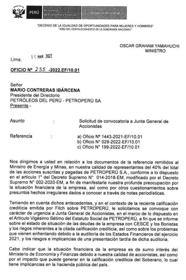 Segunda carta enviada al presidente del directorio de Petroperú. Foto: MEF