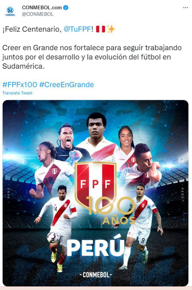 Saludo de Conmebol a la FPF por sus 100 años de aniversario. Foto: captura Twitter