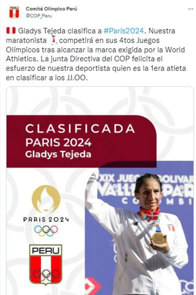 El Comité Olímpico Peruano felicita a Gladys Tejeda. Foto: Twitter