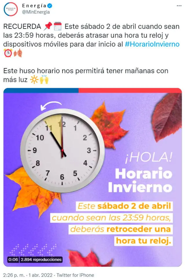 El cambio de horario 2022 se producirá en la noche del sábado 2 de abril. Foto: MinEnergia/Twitter