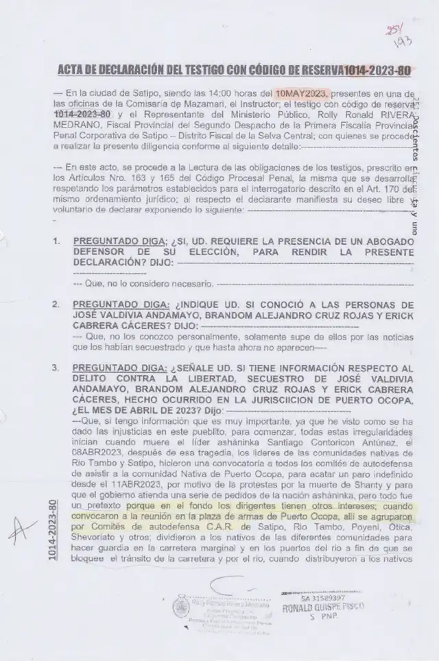  Acta de declaración de testigos contra Fabián Antúnez Camacho. Fuente: Ministerio Público   