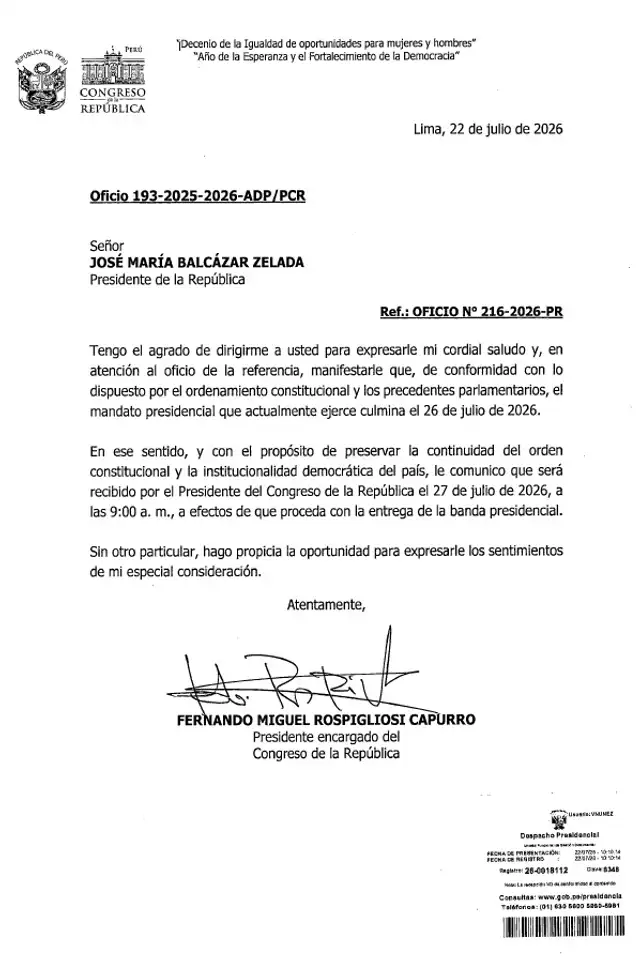 Balcázar estará hasta el 26 de julio en Palacio de Gobierno