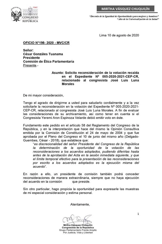 Documento presentado por Mirtha Vásquez.