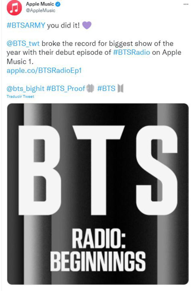 Apple Music informa sobre logro de BTS y fandom ARMY. Foto: Twitter