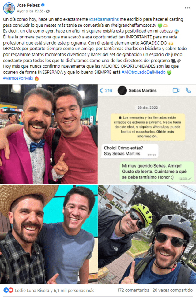  José Peláez muestra gratitud con Sebastián Martins por haberlo llamado para que forme parte de 'El gran chef'. Foto: Facebook/José Peláez 