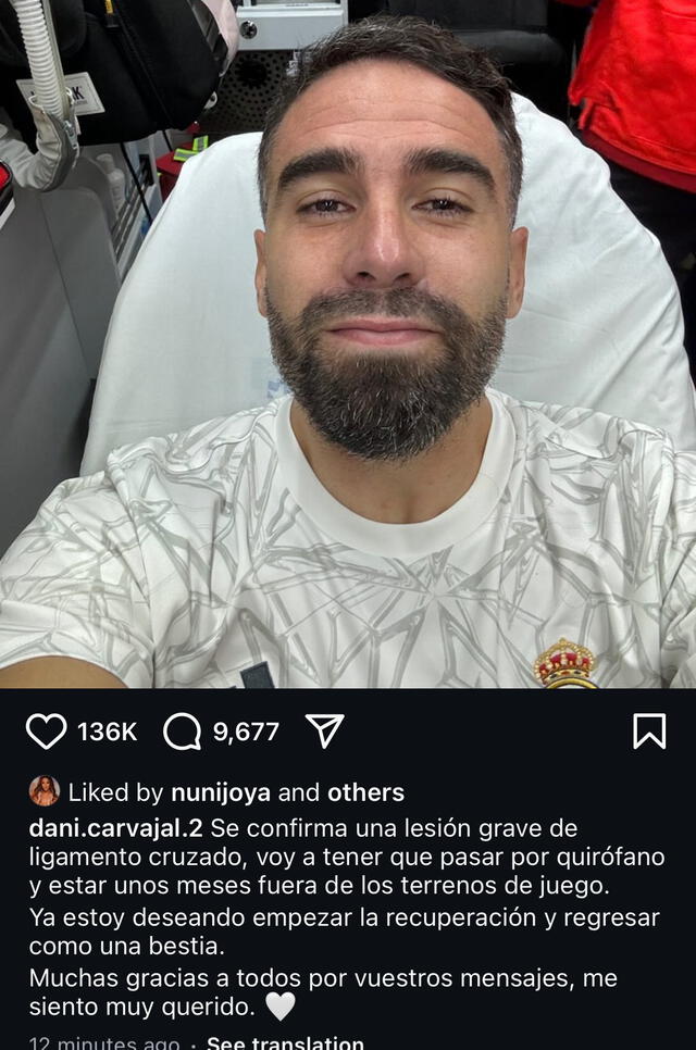  Dani Carvajal confirma su grave lesión. Foto: captura de Instagram/Dani Carvajal   