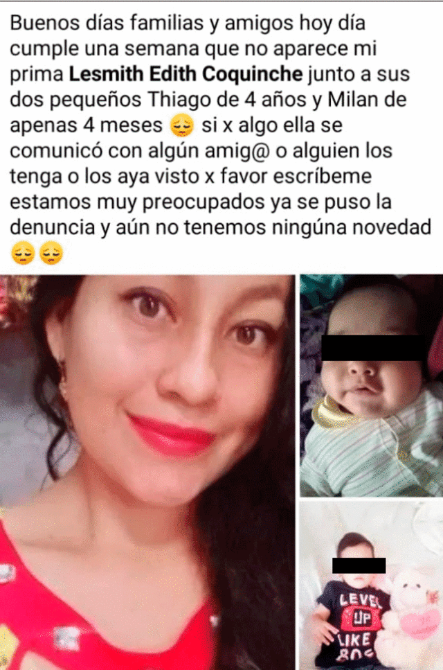 Lesmith Coquinche Noteno lleva una semana desaparecida junto a sus 2 menores hijos. Foto: Twitter