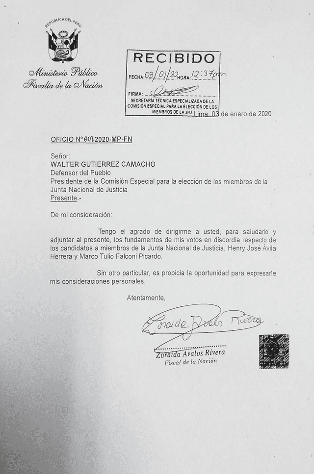 Carta de la fiscal de la Nación dirigida al defensor del Pueblo, presidente de la Comisión Especial de la JNJ.
