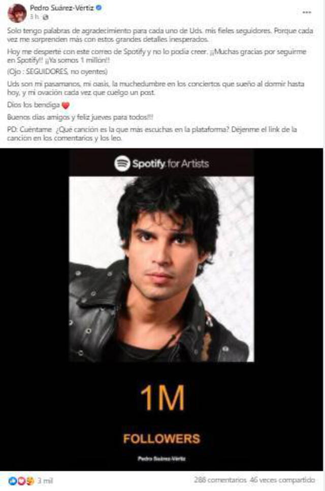Pedro Suárez Vértiz se emocionada por su 1 millón de seguidores en Spotify