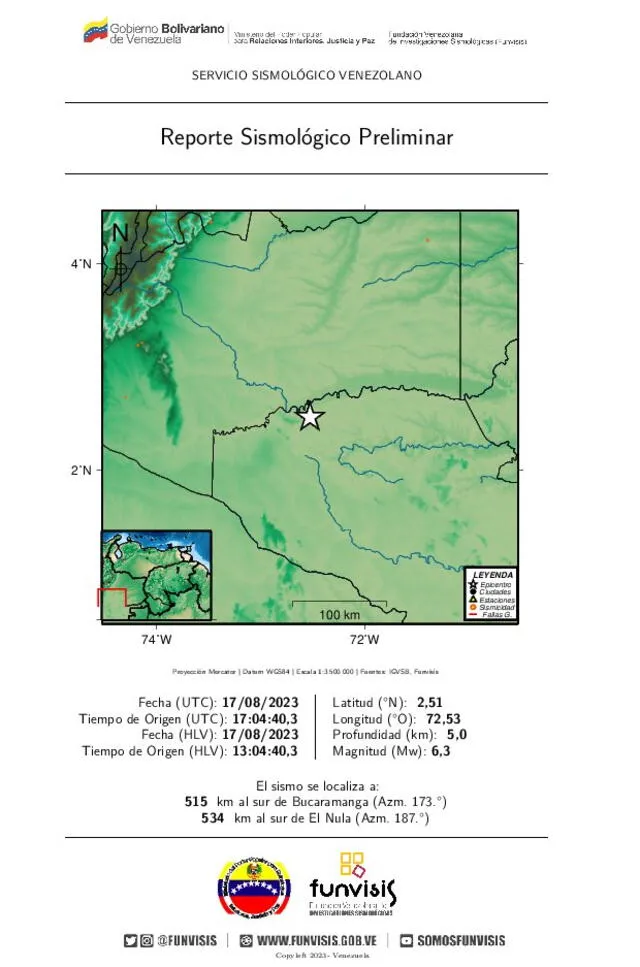 Información del sismo que afectó Venezuela. Foto: Funvisis   