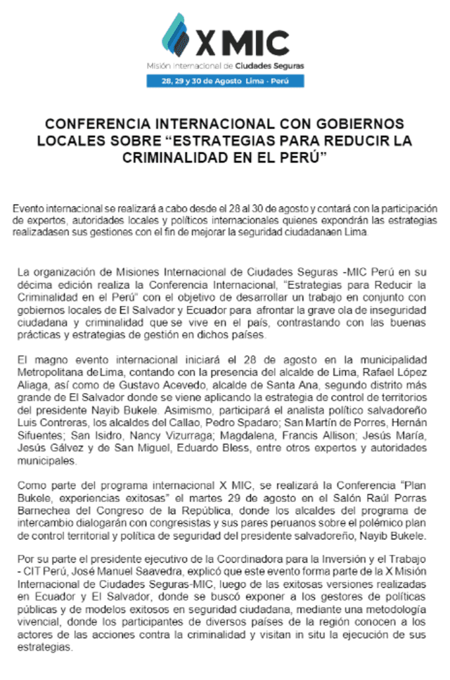  Representante de Bukele busca mostrar la política de Estado de El Salvador para que sea replicada en el Perú. Fuente: La República   