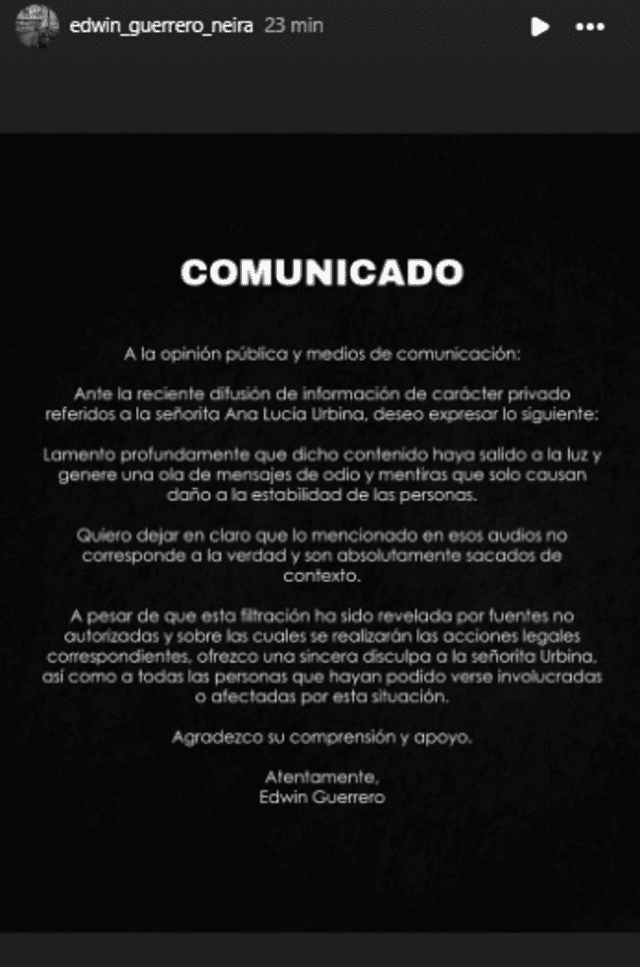 Mensaje de Edwin Guerrero. Foto: Instagram Mensaje de Edwin Guerrero. Foto: Instagram
