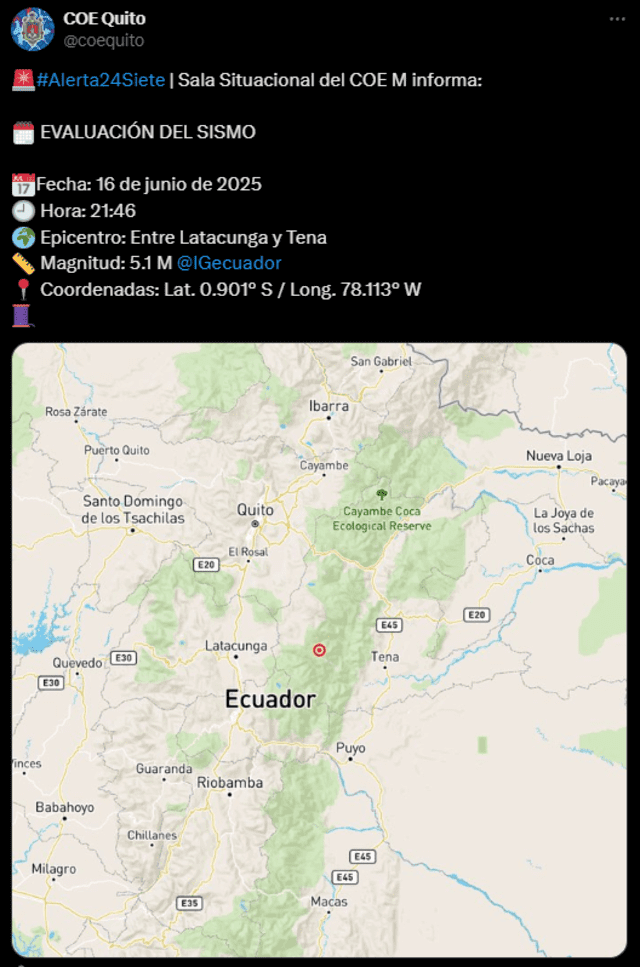 Sismo de 5.1 en Ecuador. Captura: X Sismo de 5.1 en Ecuador. Captura: X