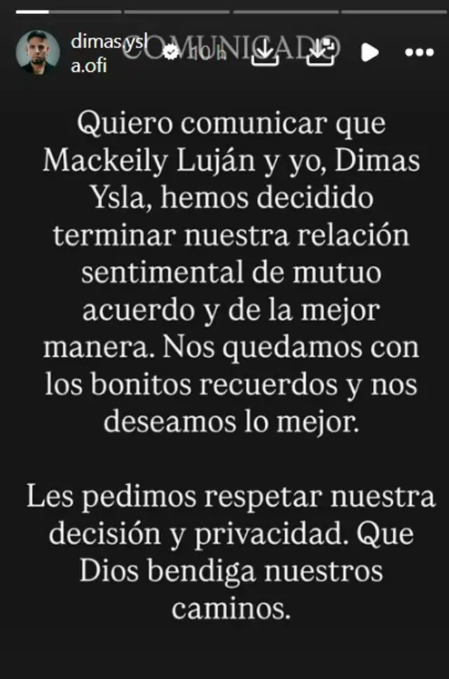 Dimas Ysla confirma su ruptura con Mackeily Luján. Dimas Ysla confirma su ruptura con Mackeily Luján.