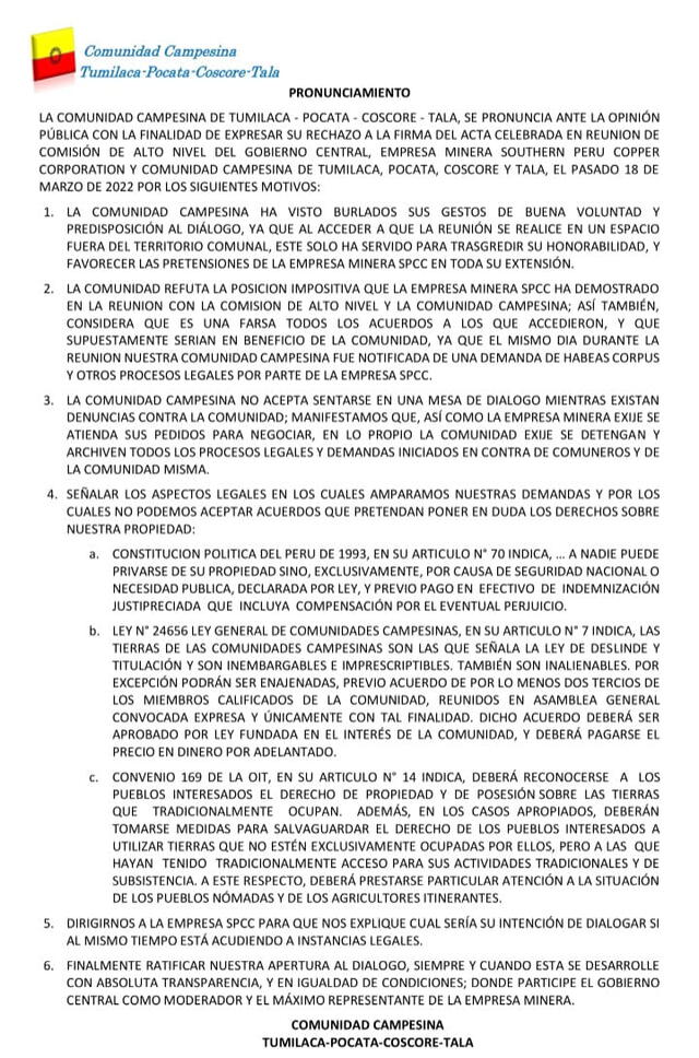 Pronunciamiento comunidad de Tumilaca