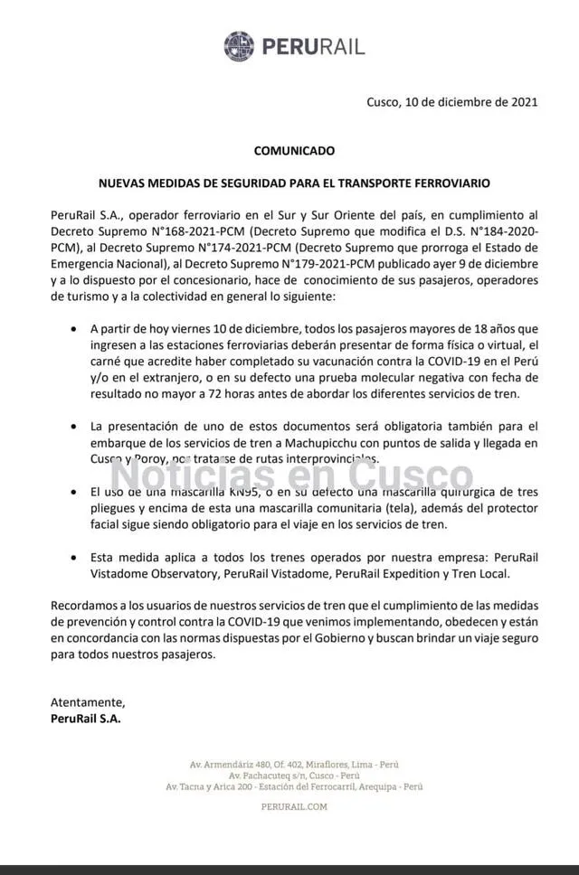 Machu Picchu: pasajeros de PeruRail deberán presentar carné de vacunación