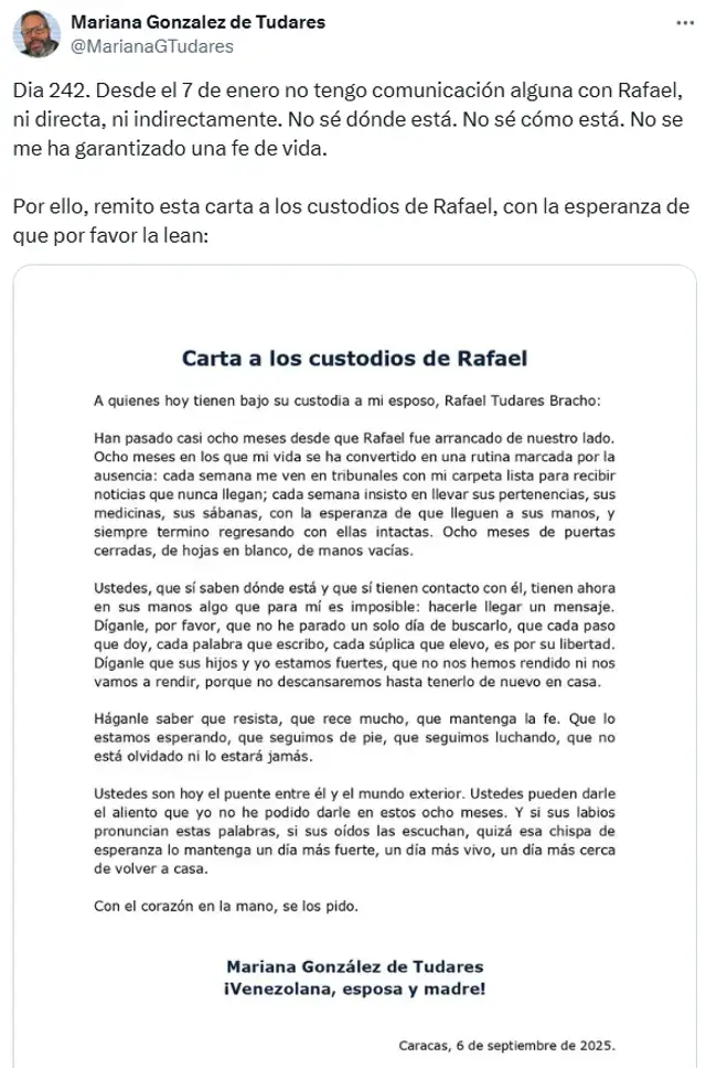 Tweet publicado por Mariana González, hija de Edmundo González. Foto: X