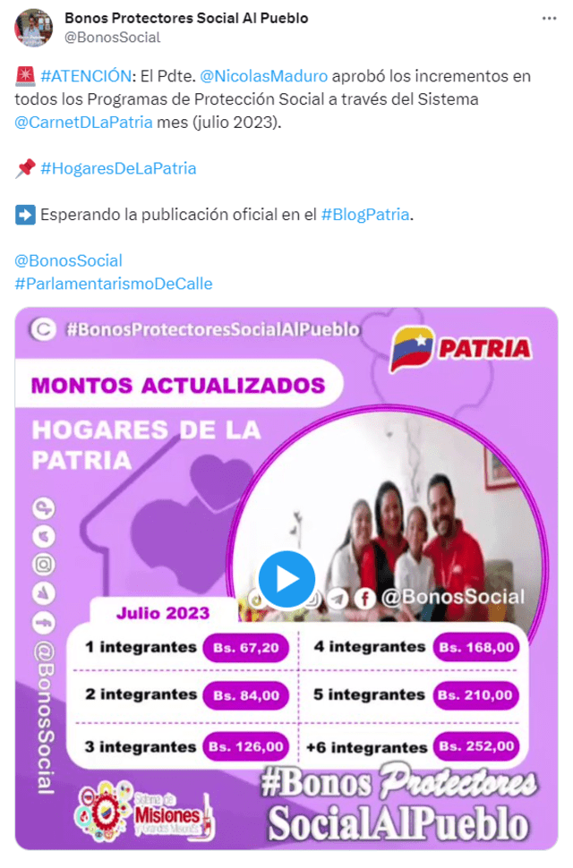  Nuevos montos de Hogares de la Patria, julio 2023. Foto: @BonosSocial/ Twitter   