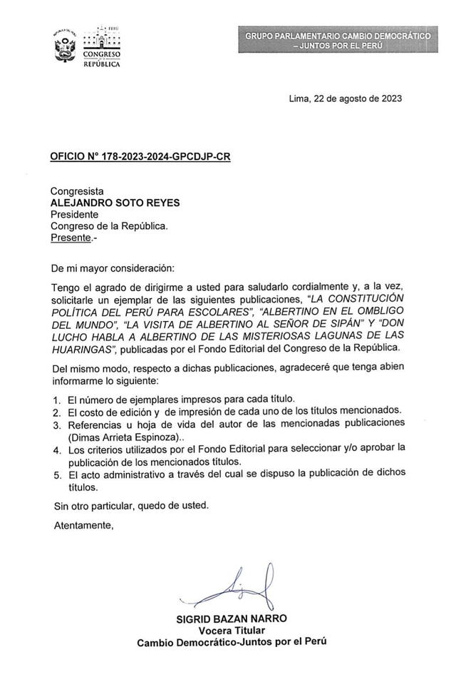  Oficio dirigido al presidente del Congreso enviado por Sigrid Bazán. Foto: captura de Twitter.   