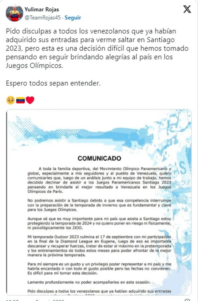 La plusmarquista publicó un comunicado en sus redes sociales. Foto: X   