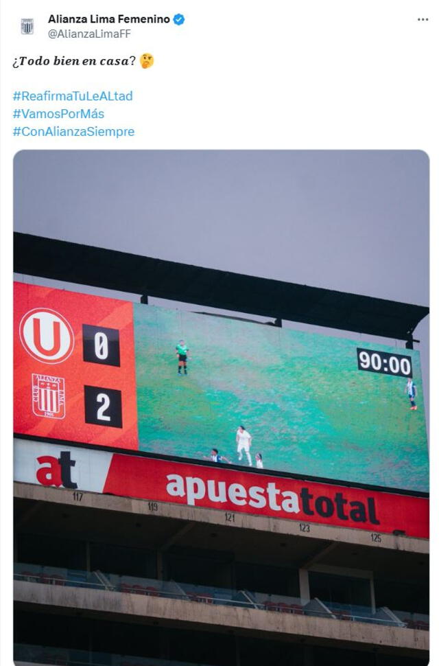 Publicación de Alianza Lima tras superar en la final femenina del Apertura a Universitario. Foto: captura de Alianza Lima Femenino Publicación de Alianza Lima tras superar en la final femenina del Apertura a Universitario. Foto: captura de Alianza Lima Femenino