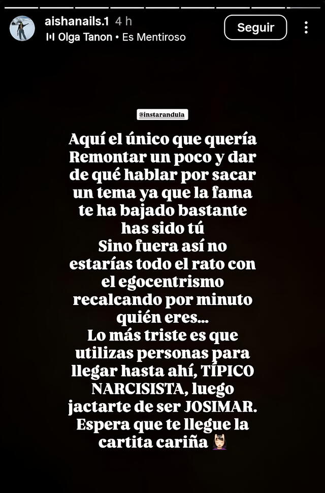 Esta es la respuesta que dio Verónica Gonzáles en su cuenta de Instagram a Josimar y María Fe Saldaña. Foto: Instagram