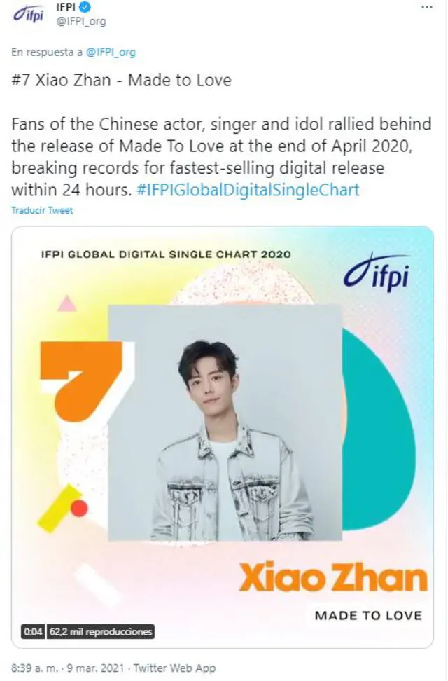 IFPI nombra a Xiao Zhan en la séptima posición del ranking a las canciones más vendidas. Foto: IFPI
