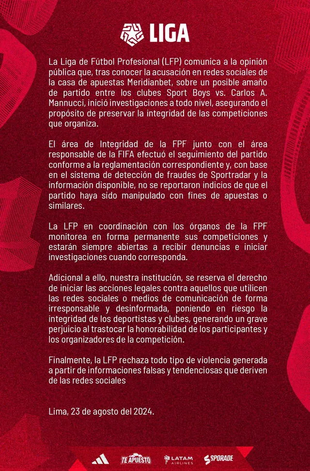 Comunicado de Liga 1. Foto: Liga 1. 