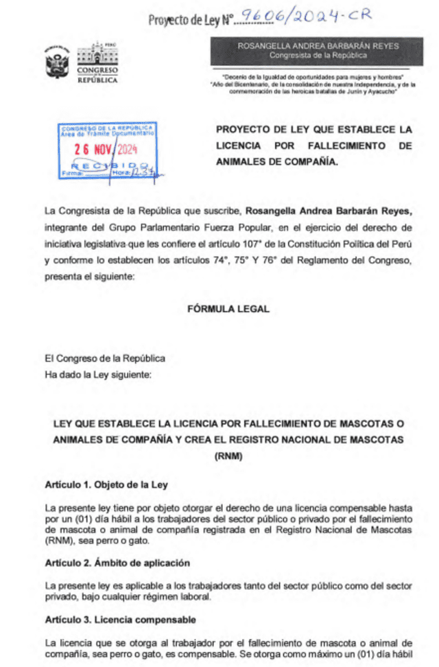  Proyecto de ley N.º 09606/2024-CR que propone otorgar un día de licencia por muerte de mascotas. | Foto: PL/Congreso.<br><br>    