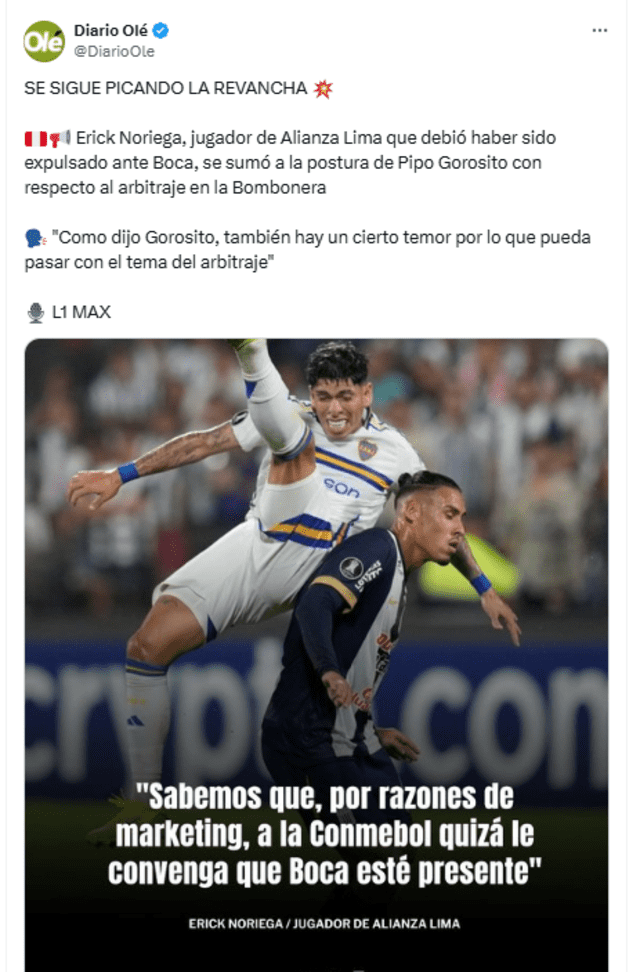 Publicación de Diario Olé sobre Erick Noriega. Foto: captura de X   